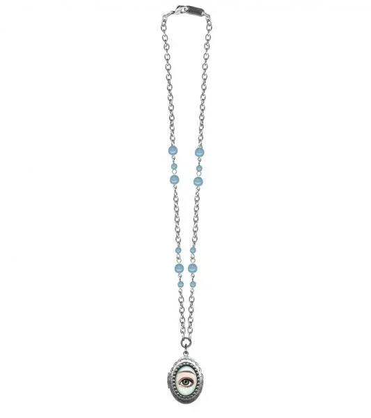 Eye Locket Necklace – Blue Opal Glass Beads
