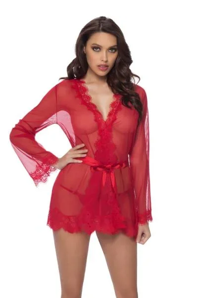 Eyelash Lace Robe with G-string Red