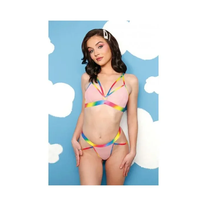 Fantasy Lingerie Vibes Make It Rain Caged Bralette & Panty With Booty Harness Rainbow