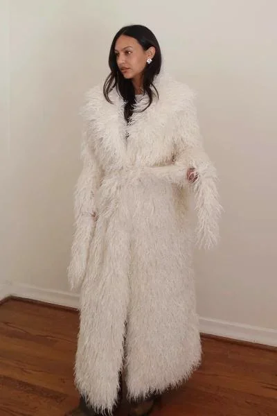 Faux Fur Full Length Coat – Ivory –
