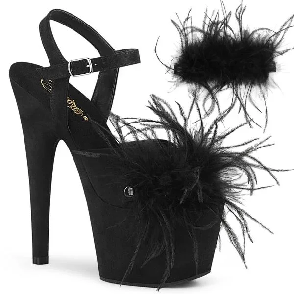 Faux Suede 7″ Heel with Removable Marabou – Black –