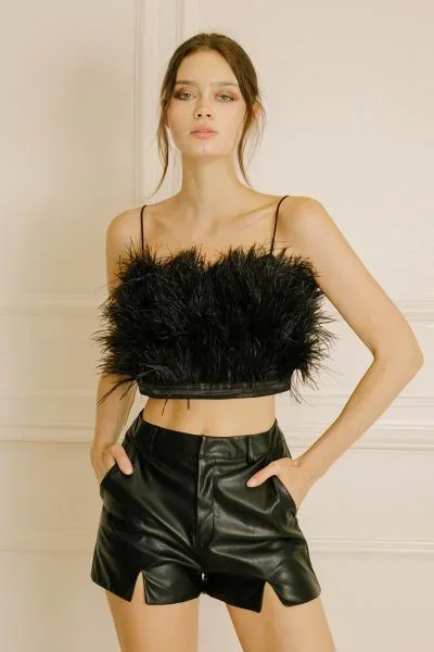 Feathered and Satin Crop Top – Black –