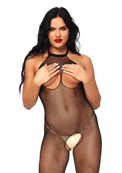 Fishnet Halter Cupless Bodystocking – Black – One Size