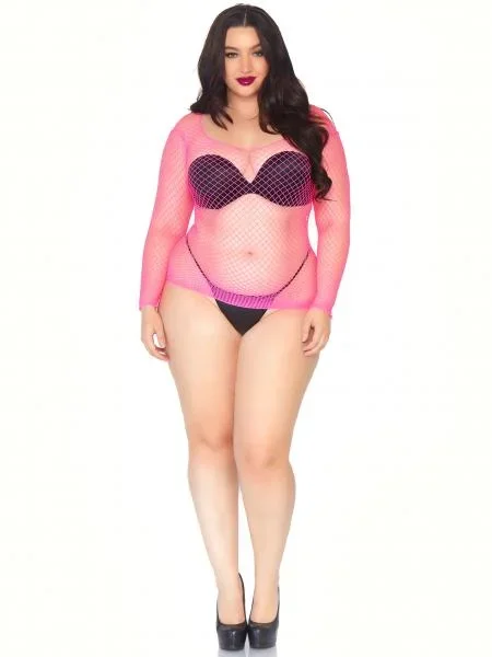 Fishnet Long Sleeve Top – Neon Pink – Size 1/2X