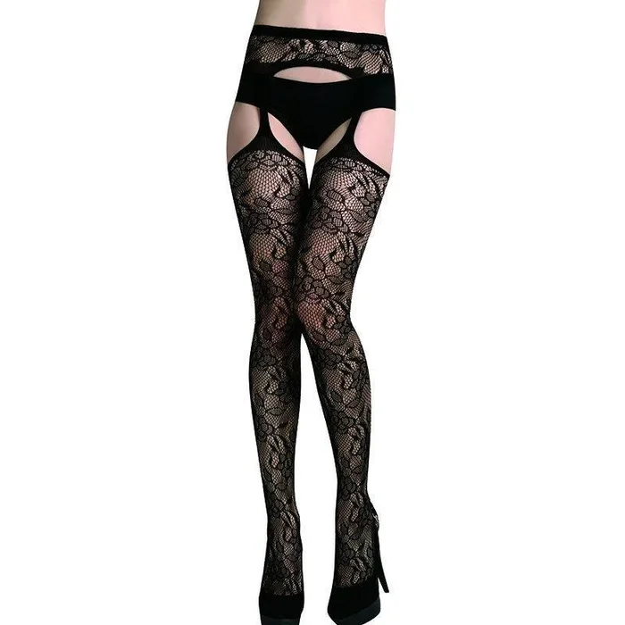 Floral Black Gartered Stockings – One Size Fits Most