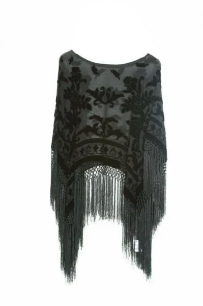 Floral Burnout Velvet Poncho – Black – One Size