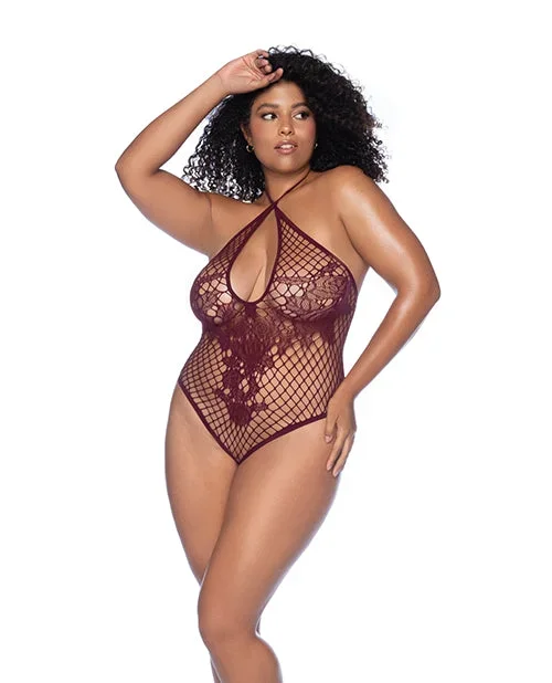 Floral Convertible Top Fishnet Bodysuit – Burgundy QN