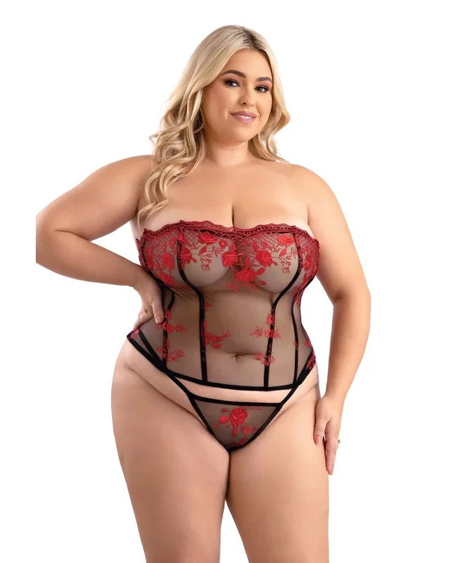 Floral Embroidered Mesh Corset with G-String – Red/Black