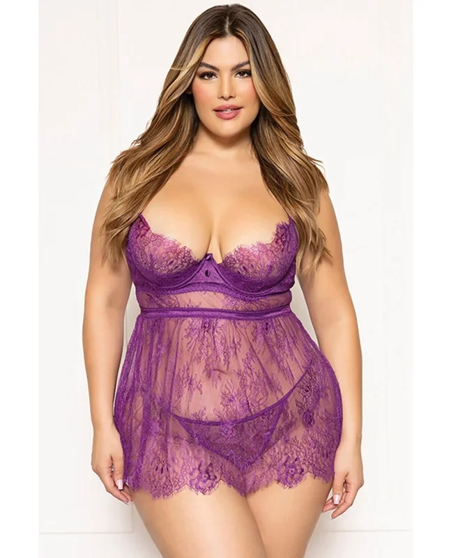 Floral Eyelash Lace Underwire Babydoll w/Thong 2 pc Set – Purple 3X/4X