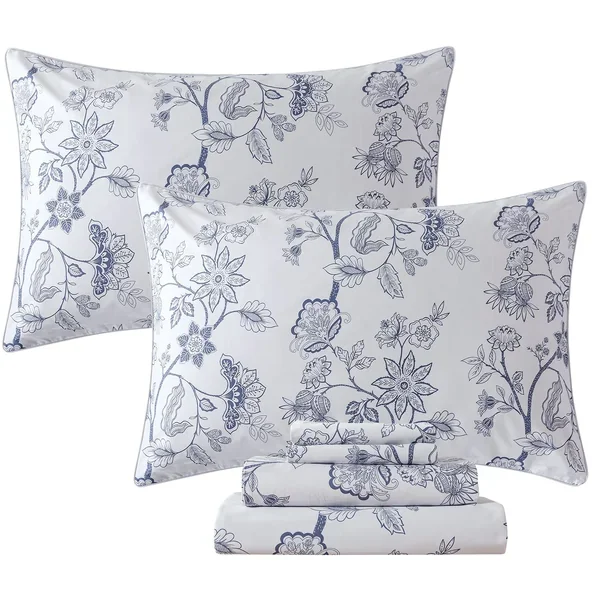 Floral King Size Sheets Percale Cotton Classical Toile Sheets Luxury Light Blu