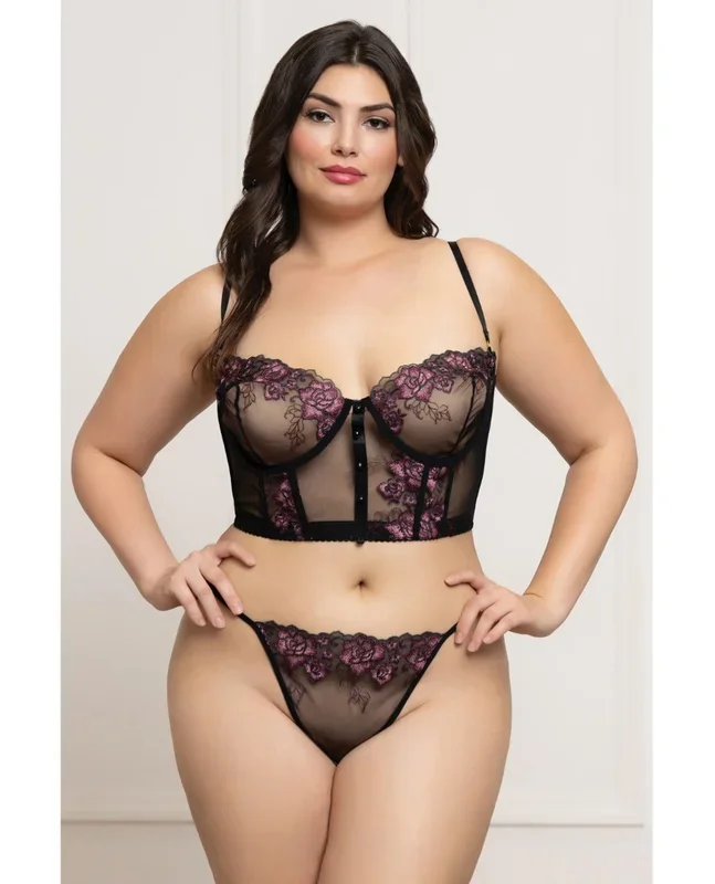 Floral Lace and Mesh Underwire Bustier w/Thong 2 pc Set – Black/Purple 1X/2X