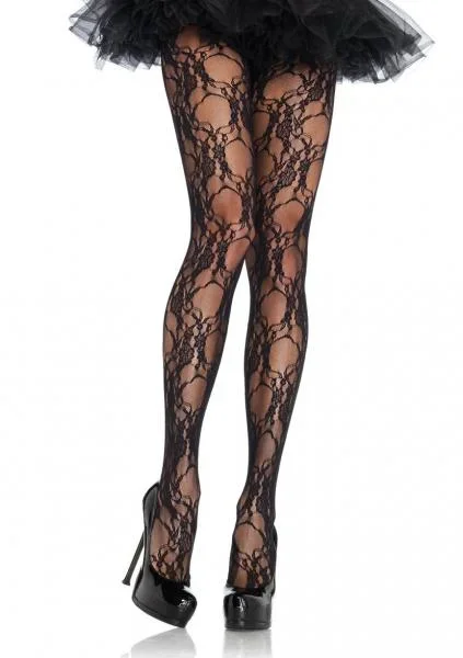 Floral Lace Pantyhose – Black – One Size