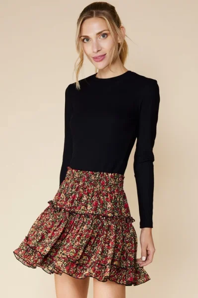 Floral Print Ruffle Mini Skirt with Lining – Black/Red –
