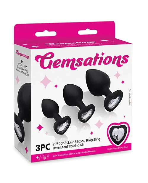 Gemsations 3 pc 2.75″ & 3.15″ & 3.7″ Silicone Bling Bling Heart Butt Plug Training Set – Black