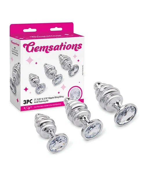Gemsations 3 pc 2.95″ & 3.25″ & 3.7″ Ripple Bling Bling Metal Butt Plug Training Set – Silver