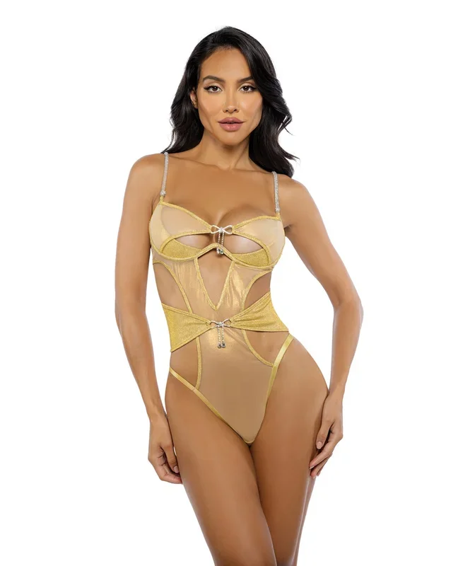 Gilded Beauty Metallic Shimmer Mesh Teddy with Rhinestone Accents – Gold