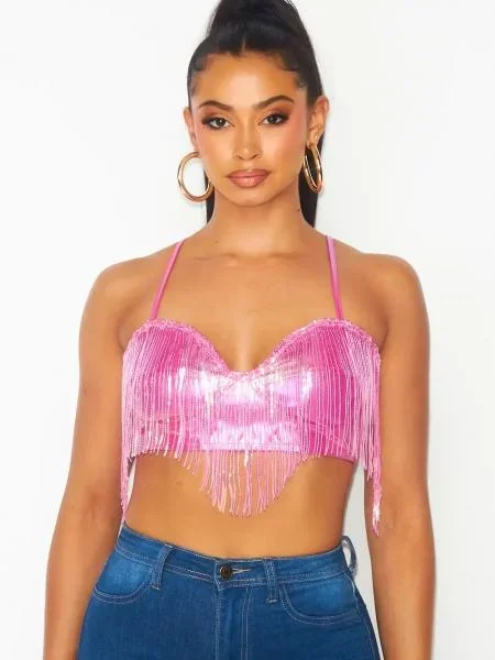 Giselle Metallic Sequin Fringe Pu Crop Bra Top – Pink –