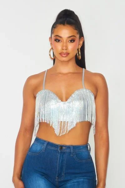 Giselle Metallic Sequin Fringe Pu Crop Bra Top – Silver –