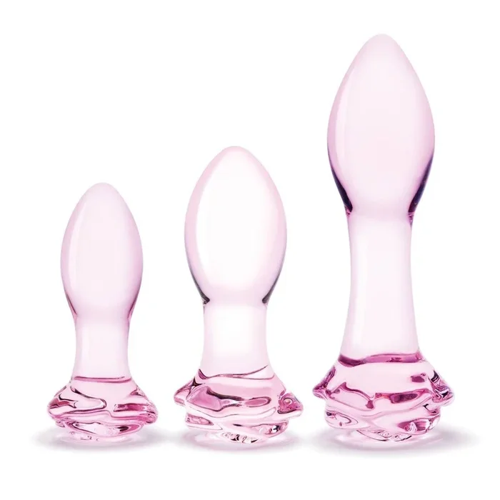 Glas Rosebud 3 Piece Butt Plug Set Pink 3.5 Inch 4 Inch 5.5 Inch