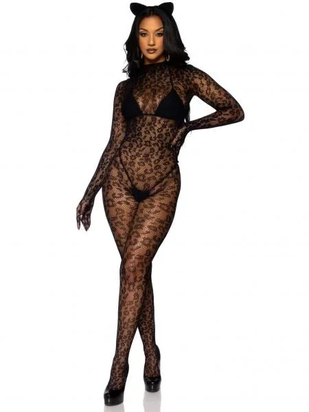 Gloved Leopard Catsuit – Black – One Size