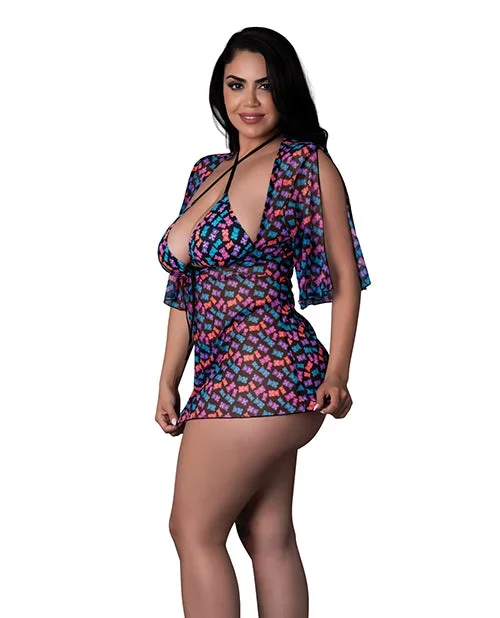 Hazy Dayz Gummy Bears Blacklight Reactive Halter Top w/Thong & Dress 3 pc Set – Multi QN