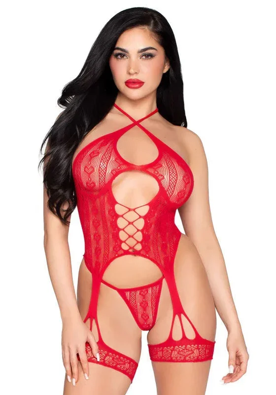Heart Net Halter Cami And G-String Panty (Red) – Lingerie
