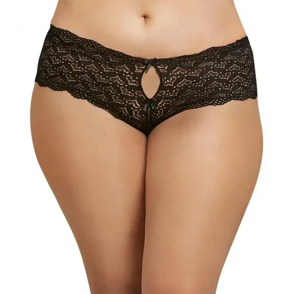 Heart Stretch Lace Crotchless Panty – Black –