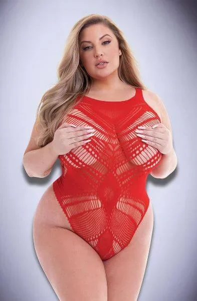 Jacquard Bodysuit – Sexy Sheer Mesh Lingerie – Red Q/S