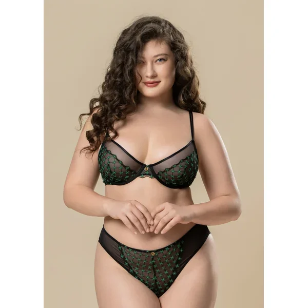 JOCELYN Plus Sexy Black Lace Underwired Demi Bra With Green Floral Embroidery
