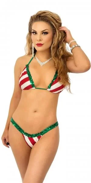 Jolly Sequin Thong and Bra Set – Red/White/Green – One Size