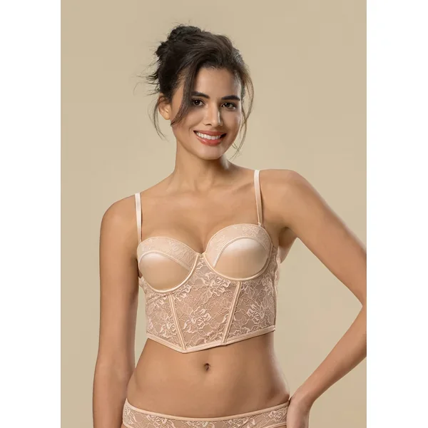 JUNO Nude Floral Lace Wired Balconette Long Demi Bra