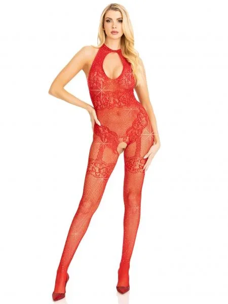 Just Between Us Rhinestone Lace Bodystocking – Red – One Size