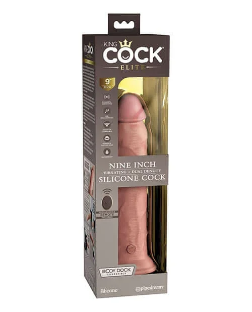 King Cock Elite Dual Density Vibrating Rechargeable Silicone Dildo with Remote Control 9 inches – Vanilla