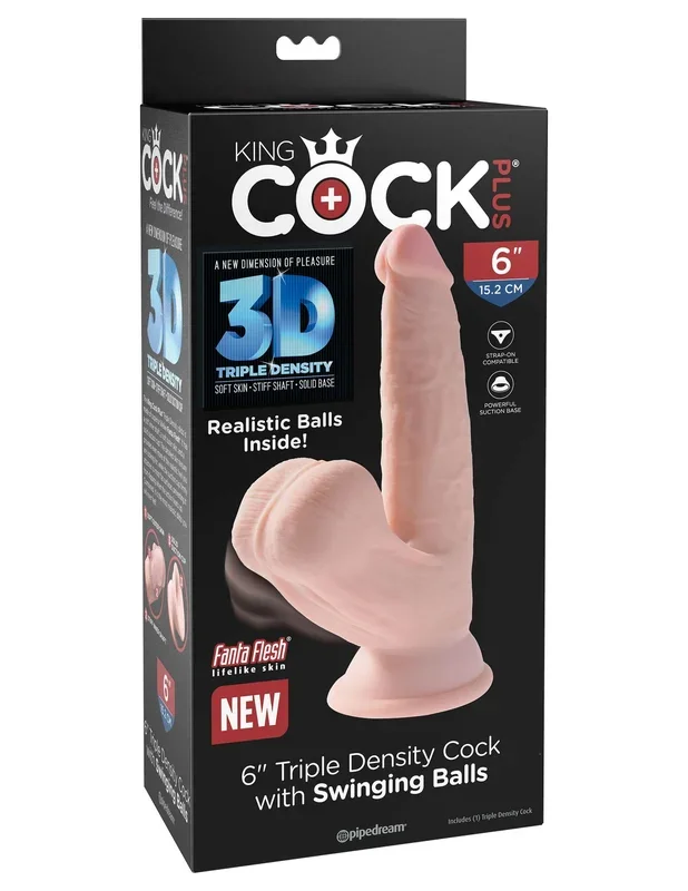 King Cock Triple Density Plus 6-Inch Dildo with Swinging Balls – Realistic Fanta Flesh, Suction Cup