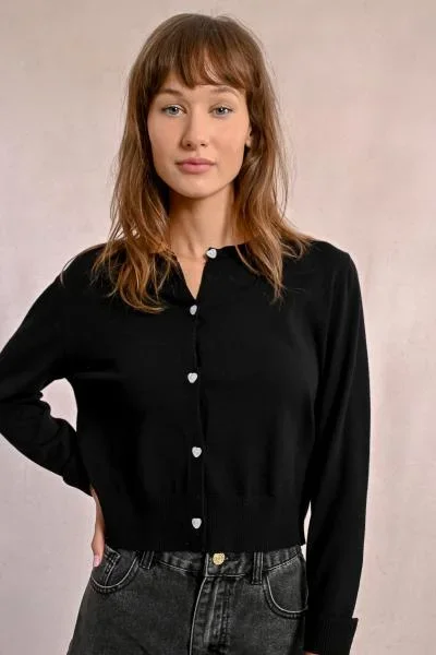 Knitted Cardigan with Heart Buttons – Black –
