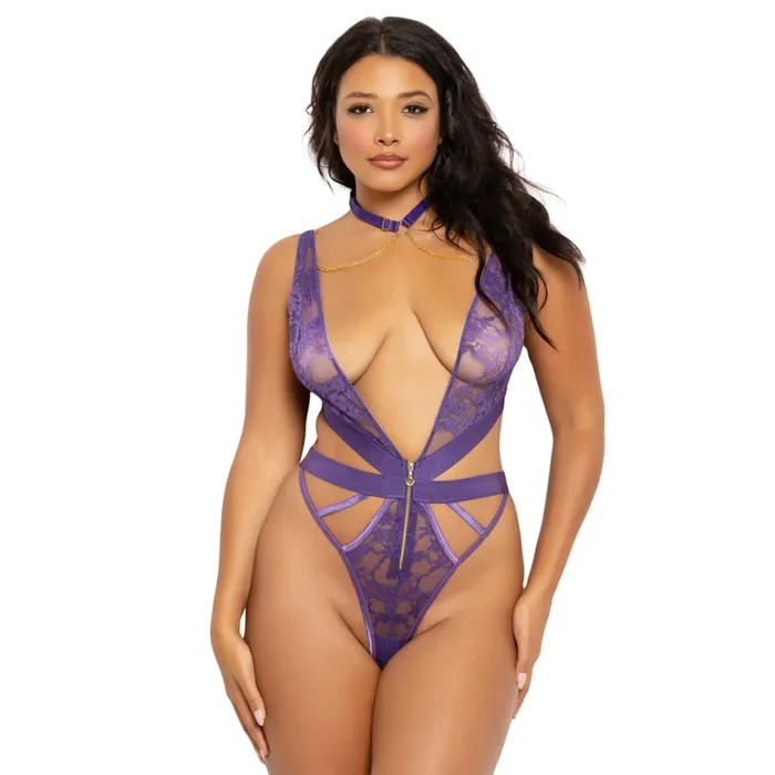 Lace and Strappy Elastic Teddy With Collar