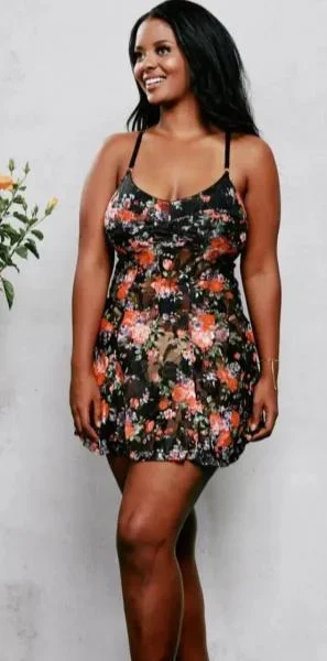 Lace Retro Chemise – Black Floral –