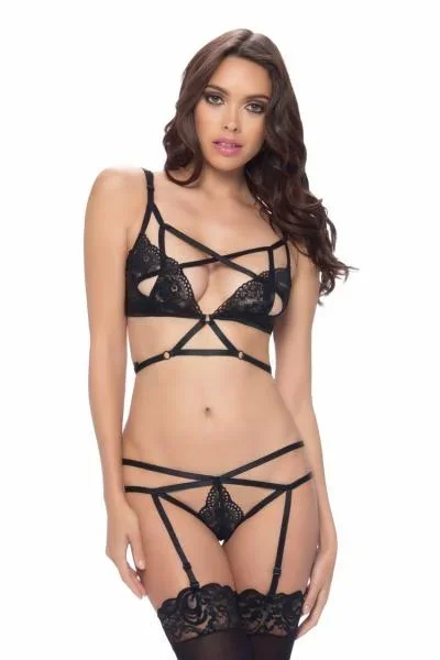 Lace Strappy Bra & Panty Set-Black