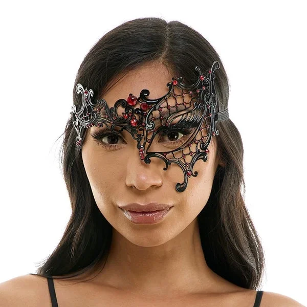 Laser-Cut Metal Half Face Mask with Red Diamonds – Black