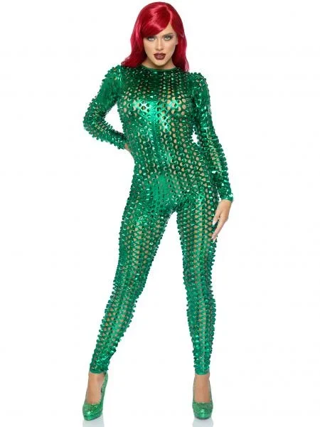 Laser Cut Metallic Catsuit – Green –