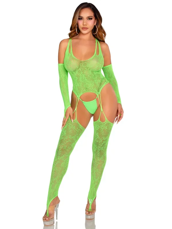 Leg Avenue 2 Pc Lace Halter Footless Cami Garter With Attached Toe Loop Stockings O/s – Neon Green