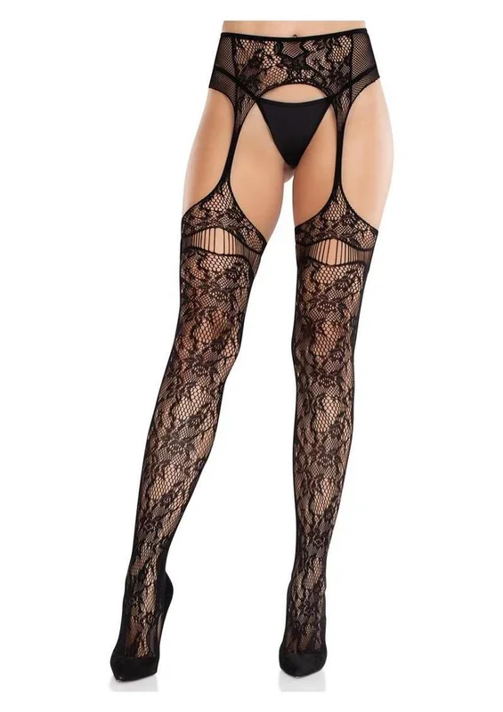 Leg Avenue Bloom Net Stockings with Cut-Out Thigh Detail and Attached Garter Belt