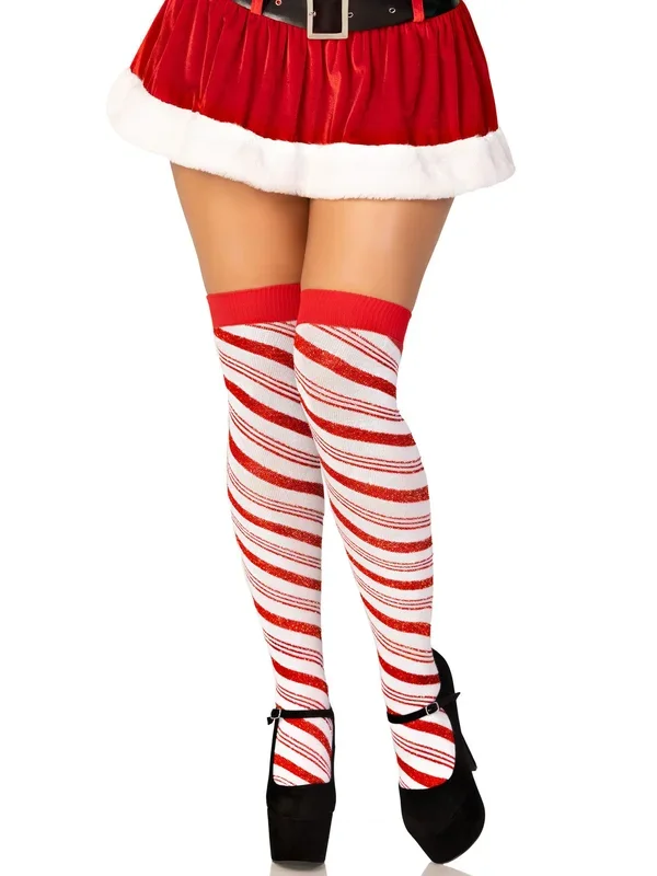 Leg Avenue Candy Cane Lurex Striped Over The Knee Socks White Red