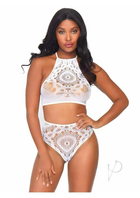 Leg Avenue Crochet Lace Halter Crop Top with Strappy Back Detail and High Waist Thong Panties (2 Piece) – White – Small/Medium