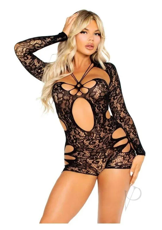 Leg Avenue Cut-Out Lace Romper with Attached Shrug – Black – O/S