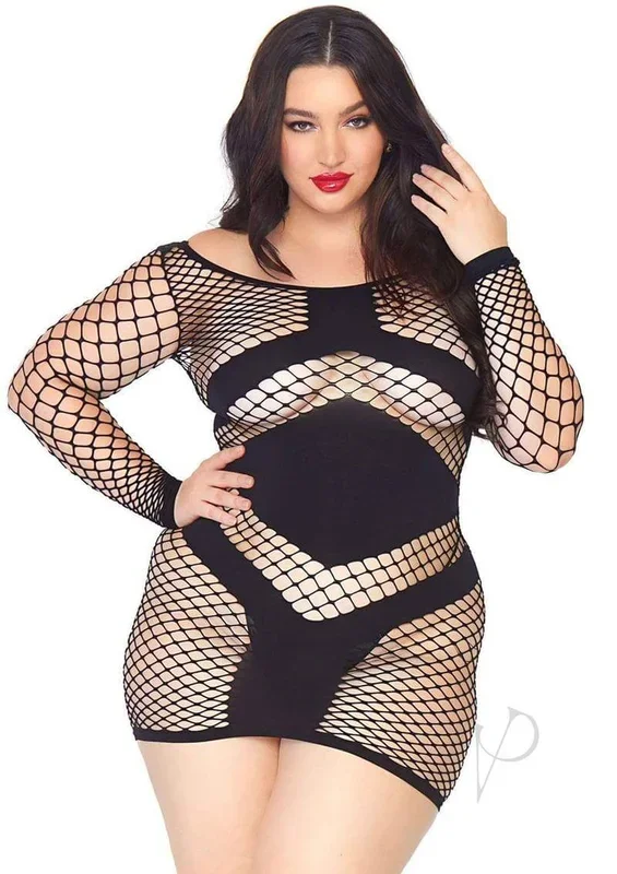 Leg Avenue Diamond Net Long Sleeved Mini Dress with Opaque Panel Accents – Plus Size – Black