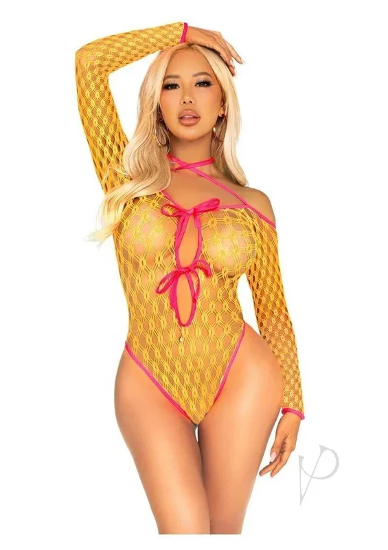 Leg Avenue Eyelet Net Teddy with Tie Front Keyhole Detail