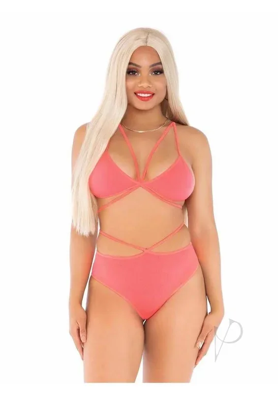 Leg Avenue Opaque Cage Strap Bra Top and Brazilian Briefs OS