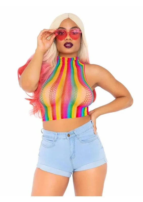 Leg Avenue Rainbow Net High Neck Crop Top