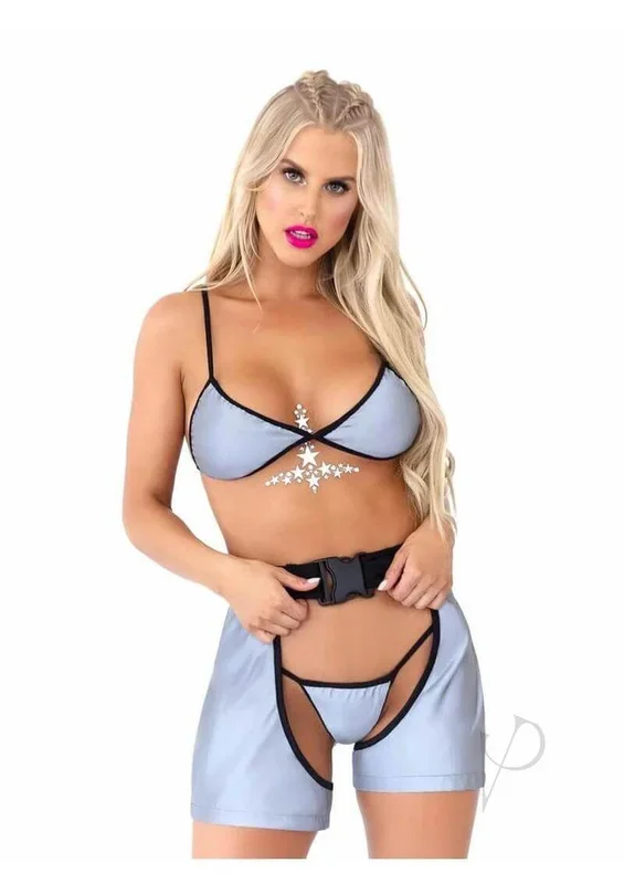 Leg Avenue Reflective Bikini Top G String Panty Silver M L